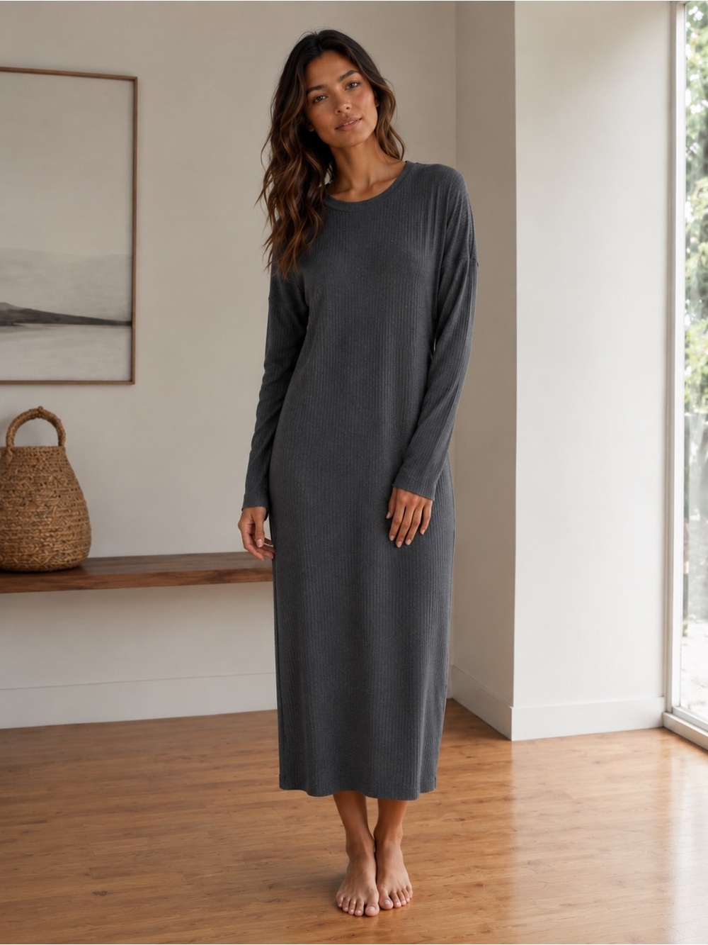 ALEEZA PARIS Charcoal Gray Ribbed Long Sleeve Maxi Dress - Relaxed Silhouette